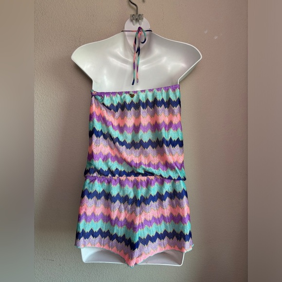 Victoria’s Secret Multi Color Chevron Stripe Halter Tie Shorts Romper Coverup S - Picture 3 of 9